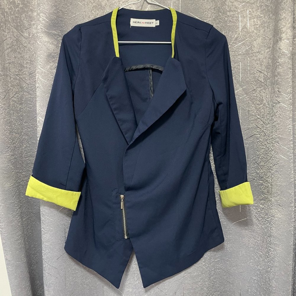MERE MEET Navy Blue & Neon Yellow Cuffed Asymmetric Zip Blazer - Sz L (M; read)